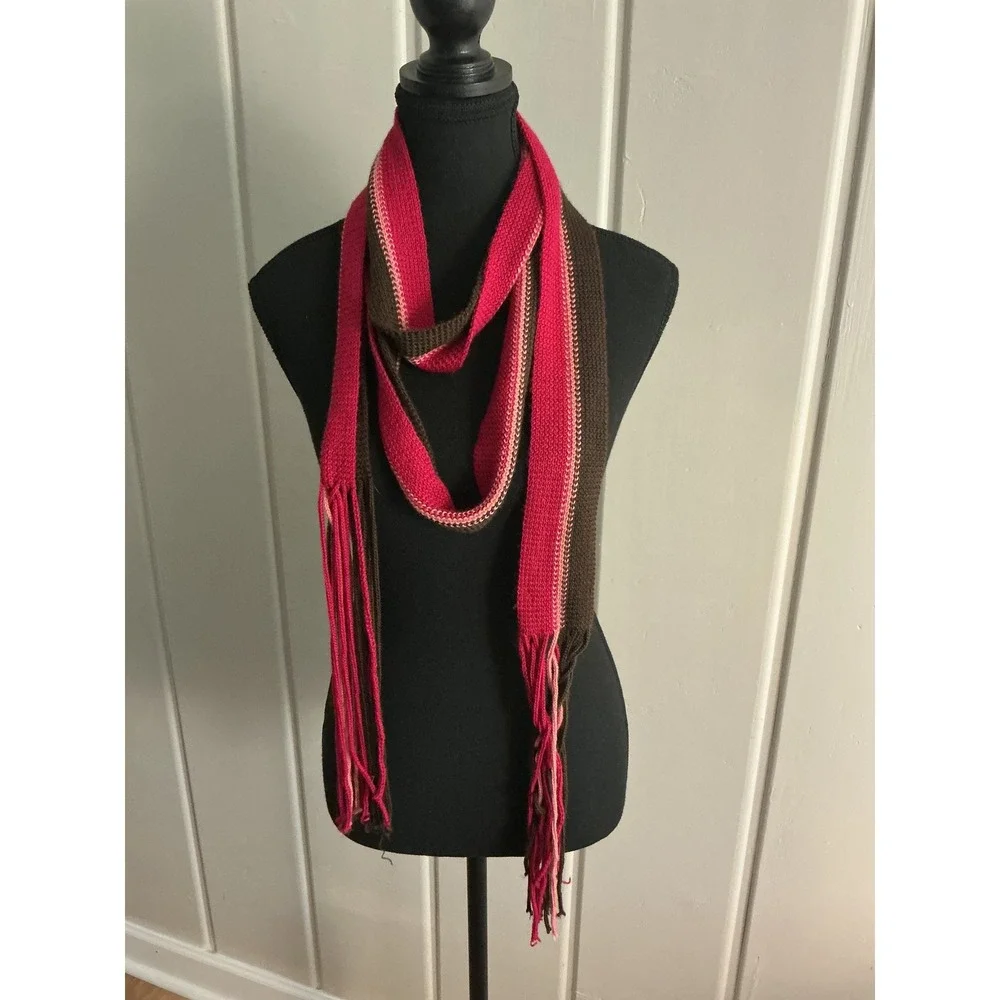 American Eagle Pink Brown Striped Skinny Scarf Y2K Preppy Wool Blend